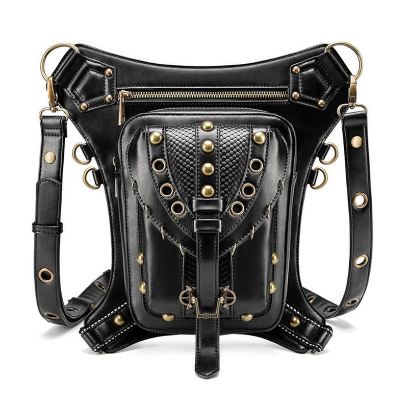 Chikencall Gothic Steampunk Waist Bag Drop Leg Arm Bag Pack Waist Shoulder Fanny Pack Purse Pouch (Black-B) - Image 1